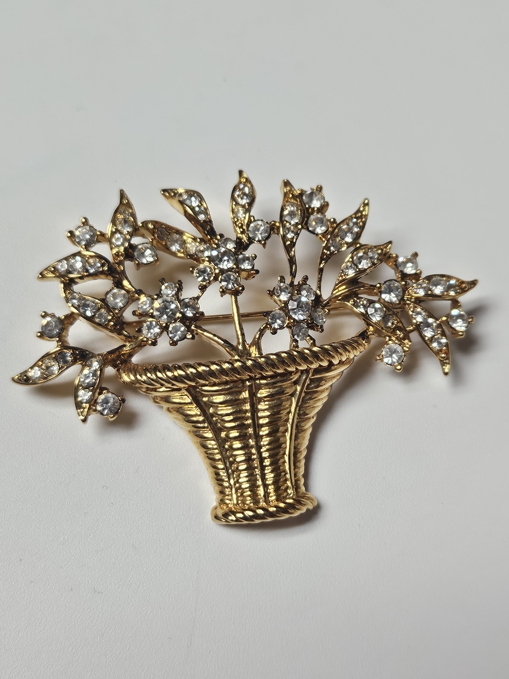 Gold Basket Floral Brooch with Clear Crystals